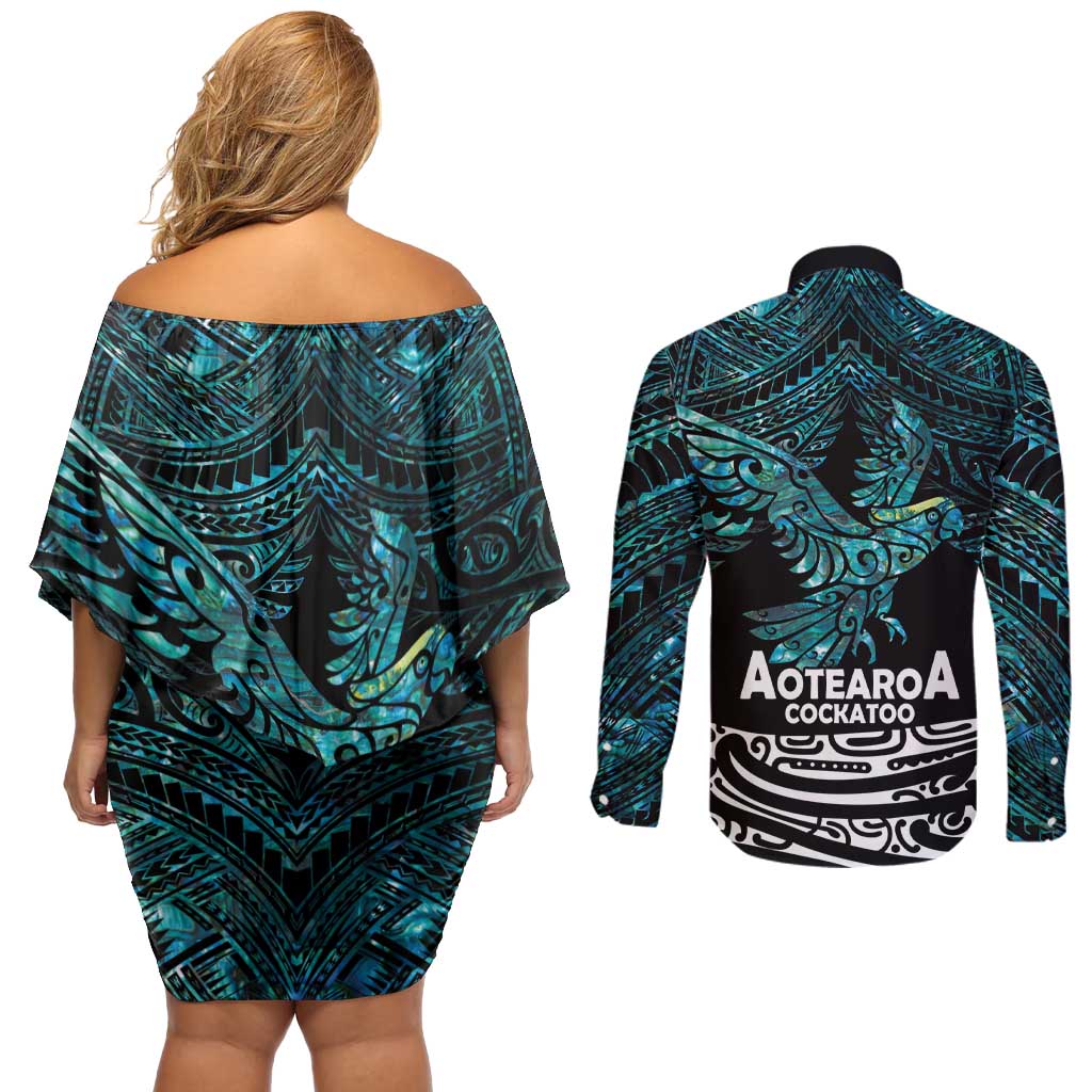 New Zealand Sulphur-crested Cockatoo Couples Matching Off Shoulder Short Dress and Long Sleeve Button Shirt Aotearoa Maori Mix Paua Shell