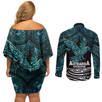 New Zealand Sulphur-crested Cockatoo Couples Matching Off Shoulder Short Dress and Long Sleeve Button Shirt Aotearoa Maori Mix Paua Shell