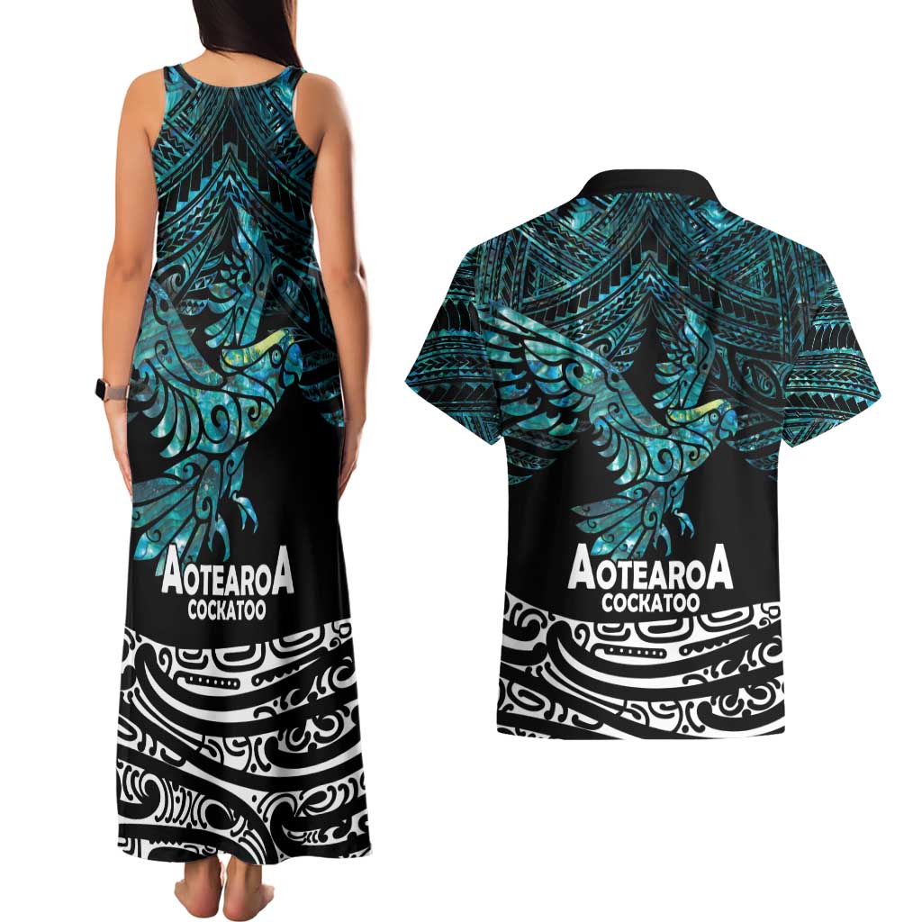 New Zealand Sulphur-crested Cockatoo Couples Matching Tank Maxi Dress and Hawaiian Shirt Aotearoa Maori Mix Paua Shell