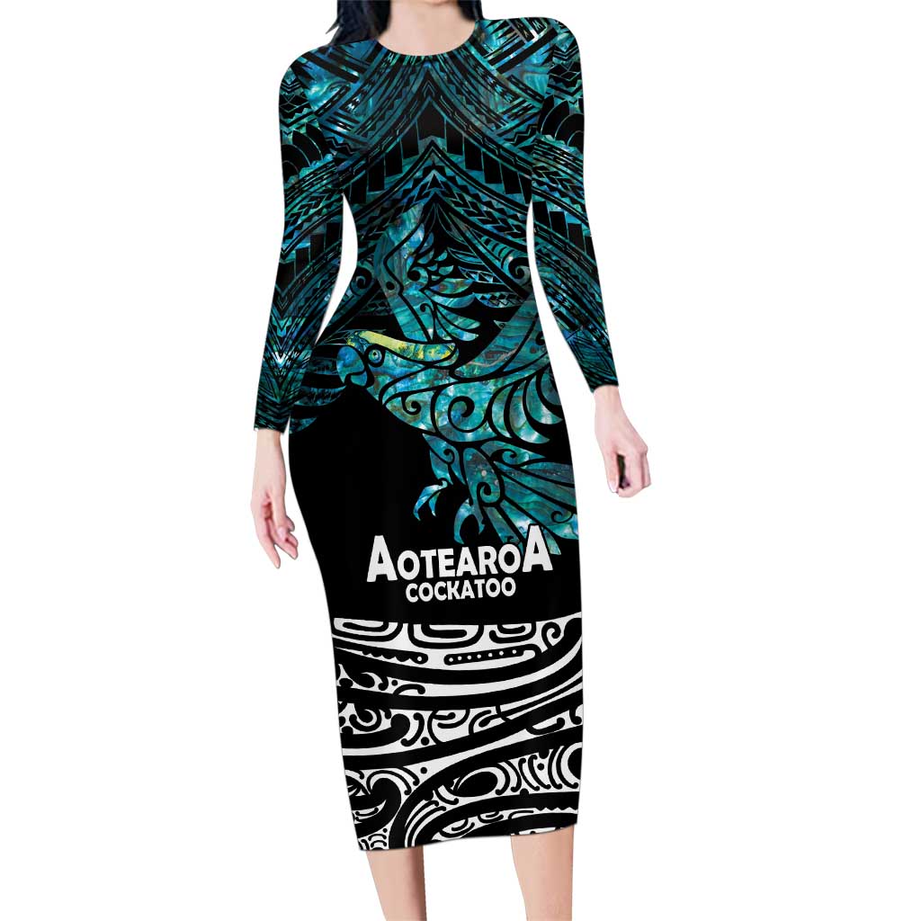 New Zealand Sulphur-crested Cockatoo Family Matching Long Sleeve Bodycon Dress and Hawaiian Shirt Aotearoa Maori Mix Paua Shell