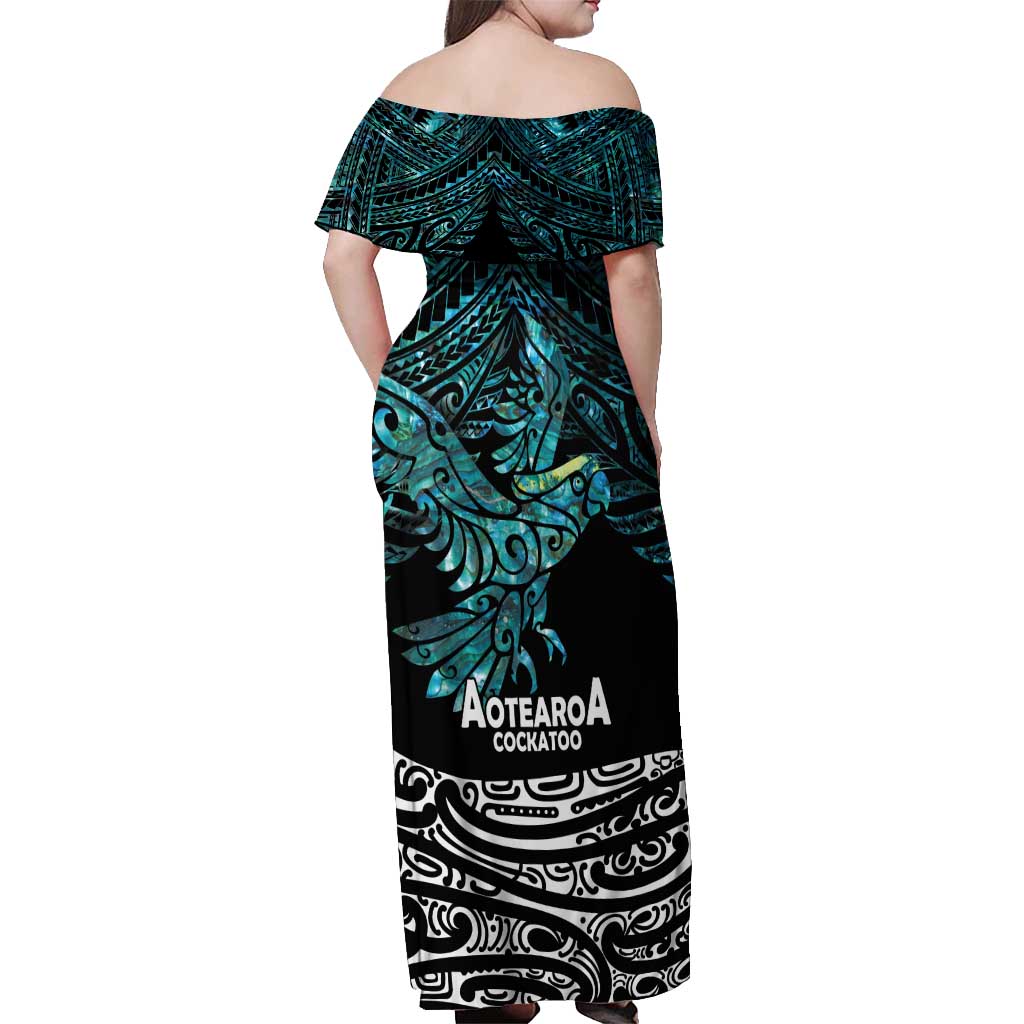 New Zealand Sulphur-crested Cockatoo Off Shoulder Maxi Dress Aotearoa Maori Mix Paua Shell