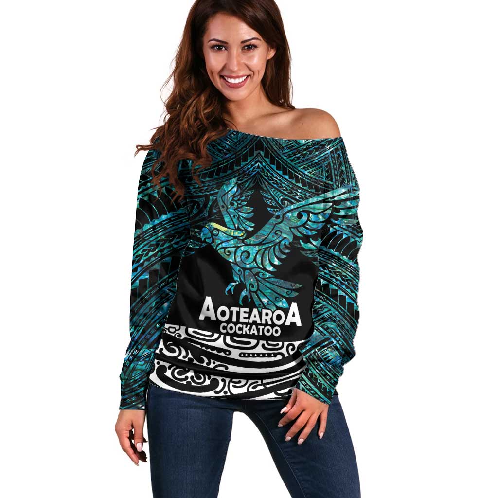 New Zealand Sulphur-crested Cockatoo Off Shoulder Sweater Aotearoa Maori Mix Paua Shell LT14 Women Turquoise - Polynesian Pride
