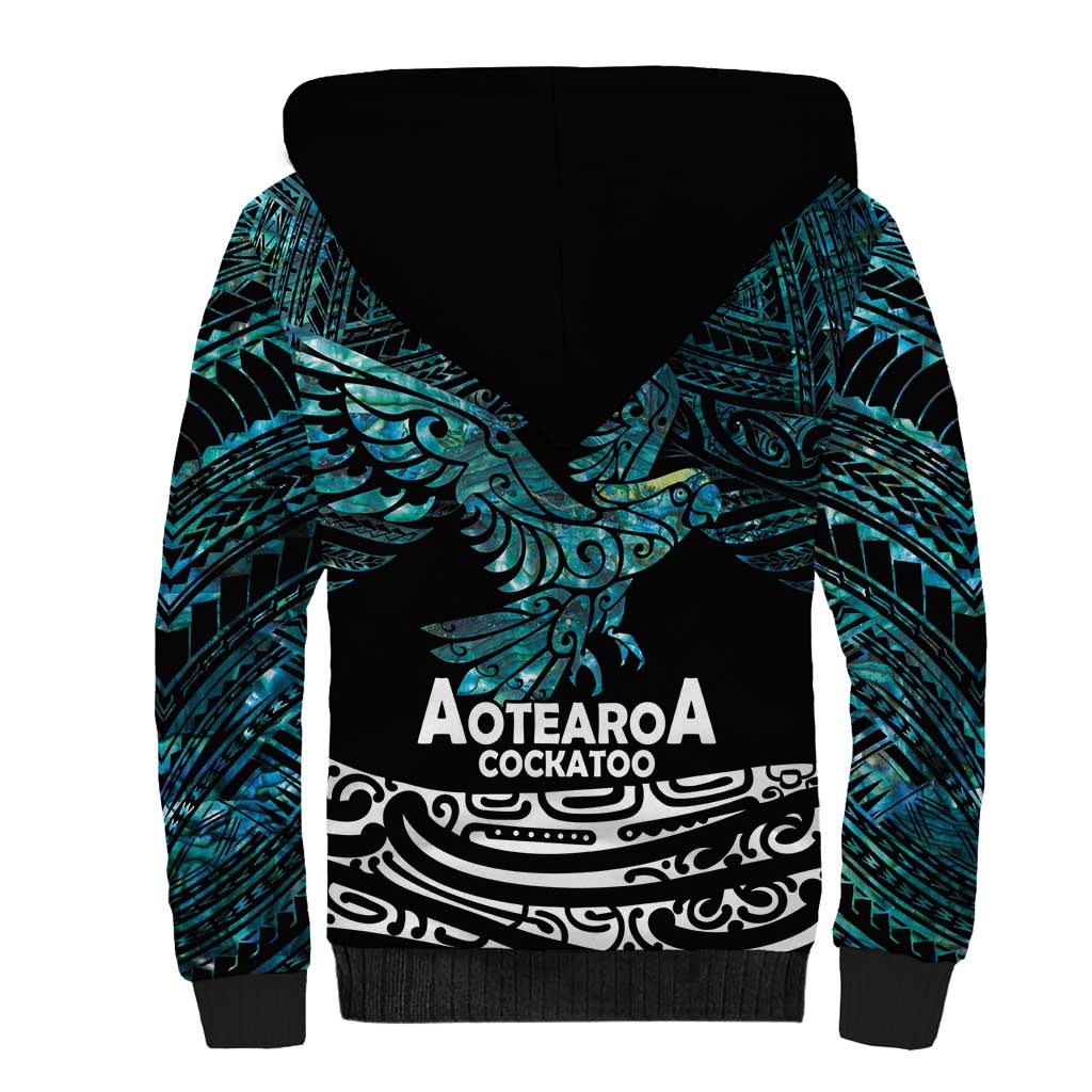 New Zealand Sulphur-crested Cockatoo Sherpa Hoodie Aotearoa Maori Mix Paua Shell