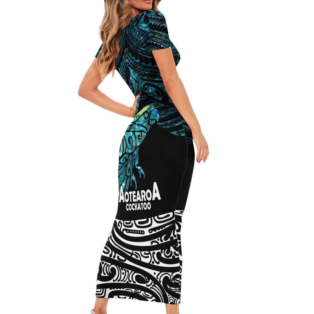 New Zealand Sulphur-crested Cockatoo Short Sleeve Bodycon Dress Aotearoa Maori Mix Paua Shell
