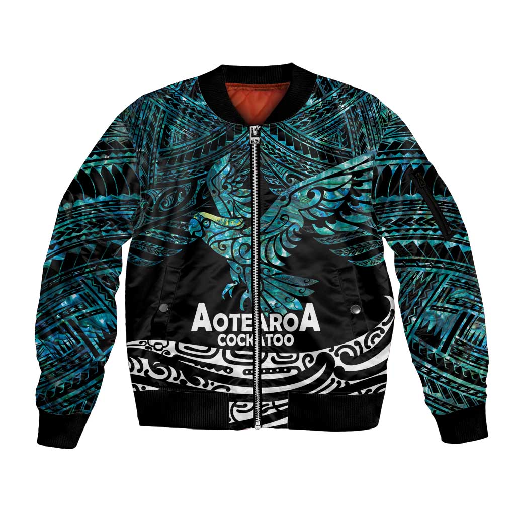 New Zealand Sulphur-crested Cockatoo Sleeve Zip Bomber Jacket Aotearoa Maori Mix Paua Shell LT14 Unisex Turquoise - Polynesian Pride