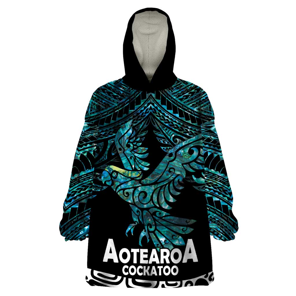 New Zealand Sulphur-crested Cockatoo Wearable Blanket Hoodie Aotearoa Maori Mix Paua Shell LT14 One Size Turquoise - Polynesian Pride