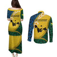 Malampa Province Couples Matching Puletasi and Long Sleeve Button Shirt Vanuatu Map - Plumeria Flag Color