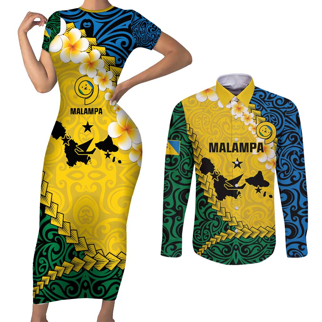 Malampa Province Couples Matching Short Sleeve Bodycon Dress and Long Sleeve Button Shirt Vanuatu Map - Plumeria Flag Color