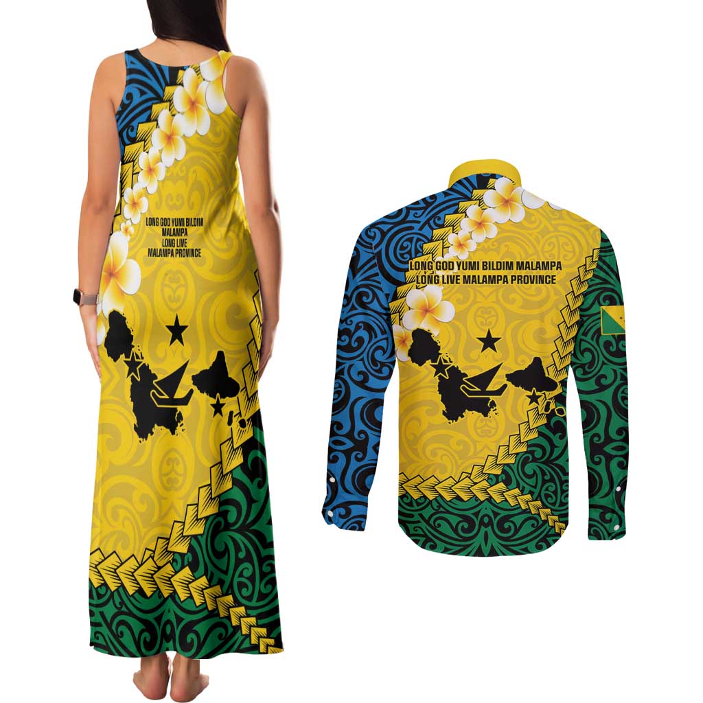 Malampa Province Couples Matching Tank Maxi Dress and Long Sleeve Button Shirt Vanuatu Map - Plumeria Flag Color