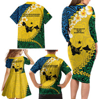 Malampa Province Family Matching Long Sleeve Bodycon Dress and Hawaiian Shirt Vanuatu Map - Plumeria Flag Color