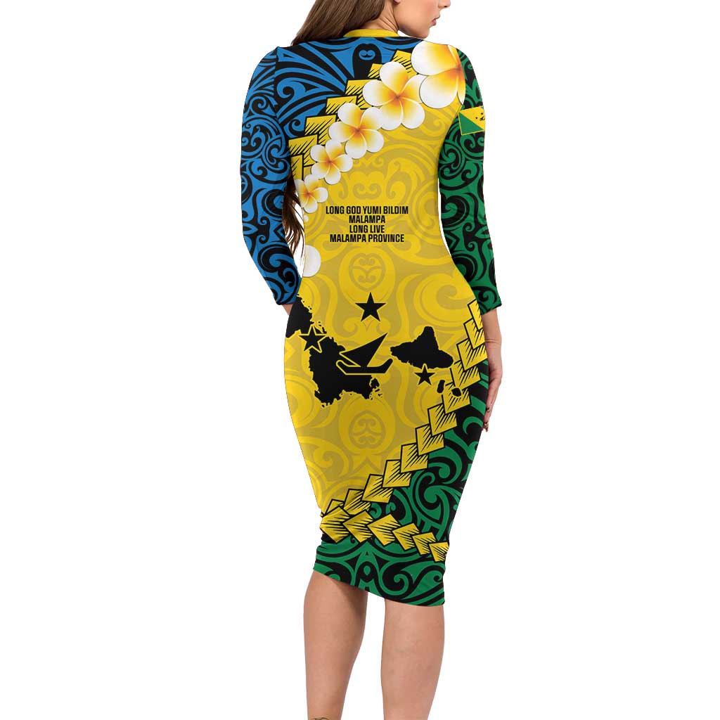 Malampa Province Family Matching Long Sleeve Bodycon Dress and Hawaiian Shirt Vanuatu Map - Plumeria Flag Color
