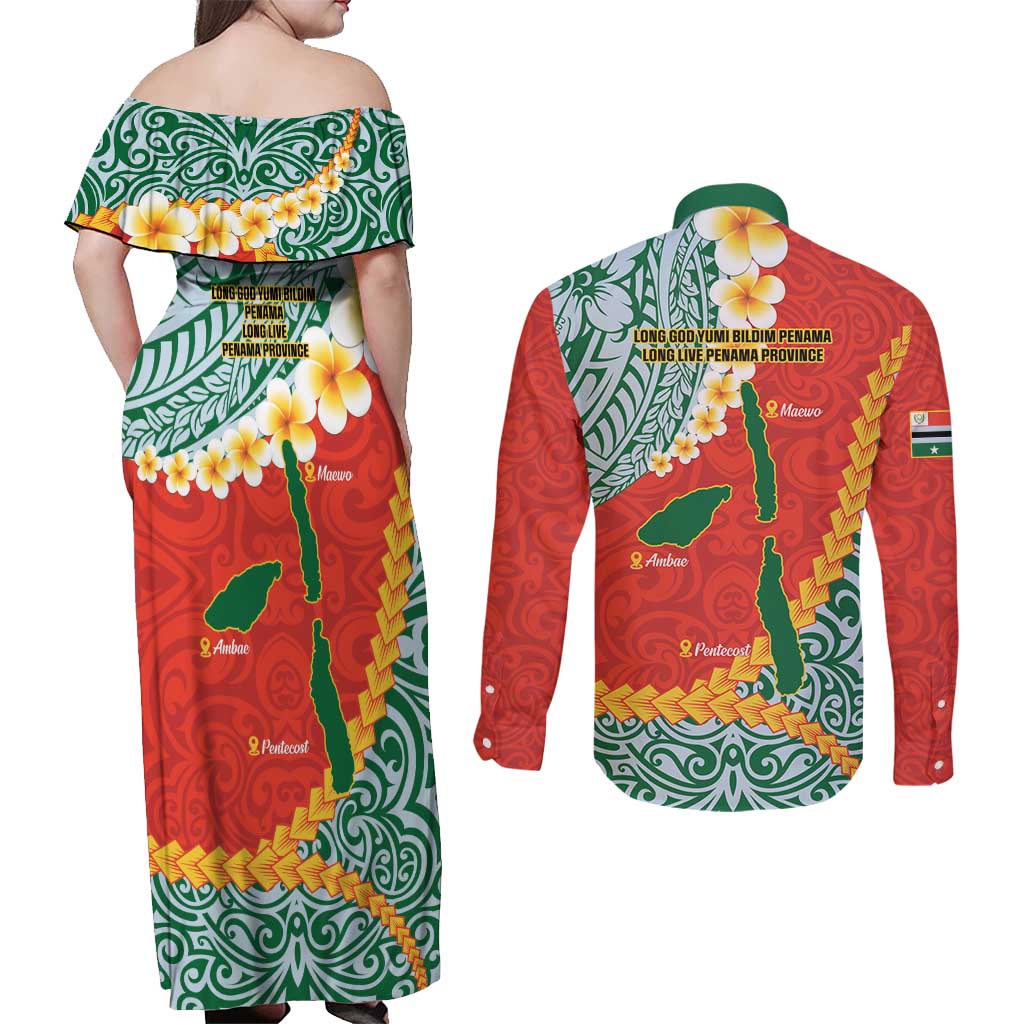 Penama Province Couples Matching Off Shoulder Maxi Dress and Long Sleeve Button Shirt Vanuatu Map - Plumeria Flag Color