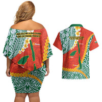 Penama Province Couples Matching Off Shoulder Short Dress and Hawaiian Shirt Vanuatu Map - Plumeria Flag Color