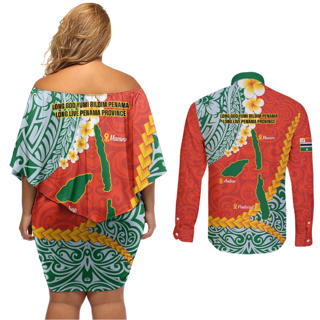 Penama Province Couples Matching Off Shoulder Short Dress and Long Sleeve Button Shirt Vanuatu Map - Plumeria Flag Color
