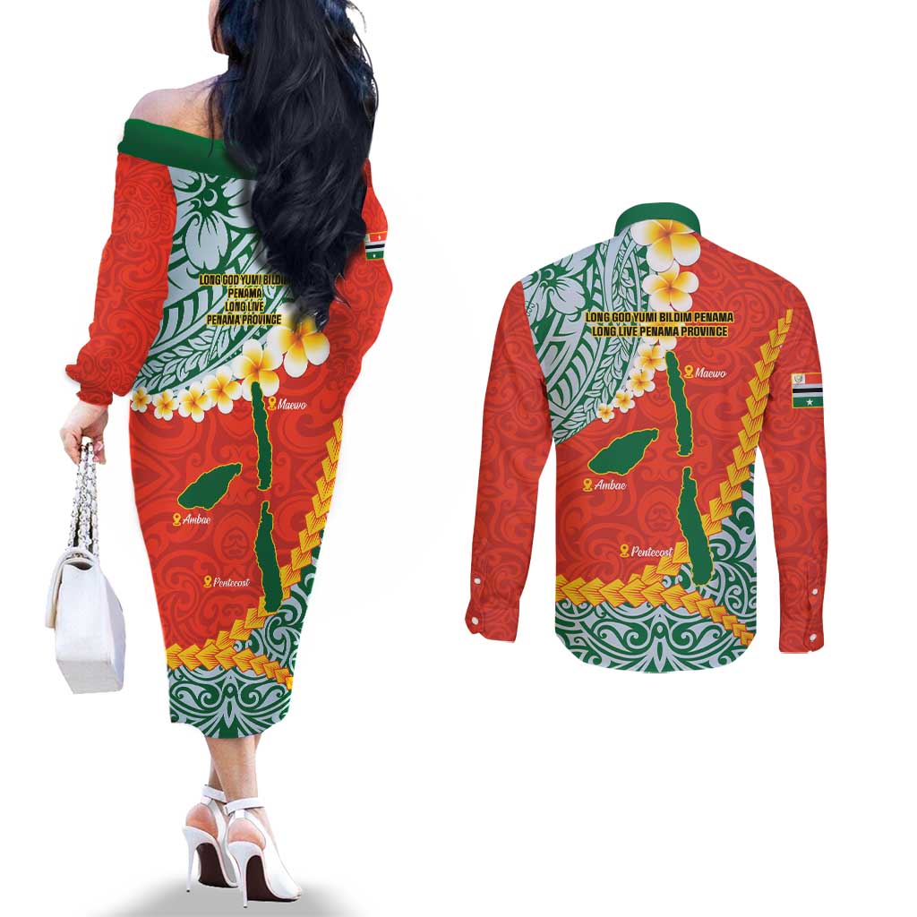 Penama Province Couples Matching Off The Shoulder Long Sleeve Dress and Long Sleeve Button Shirt Vanuatu Map - Plumeria Flag Color