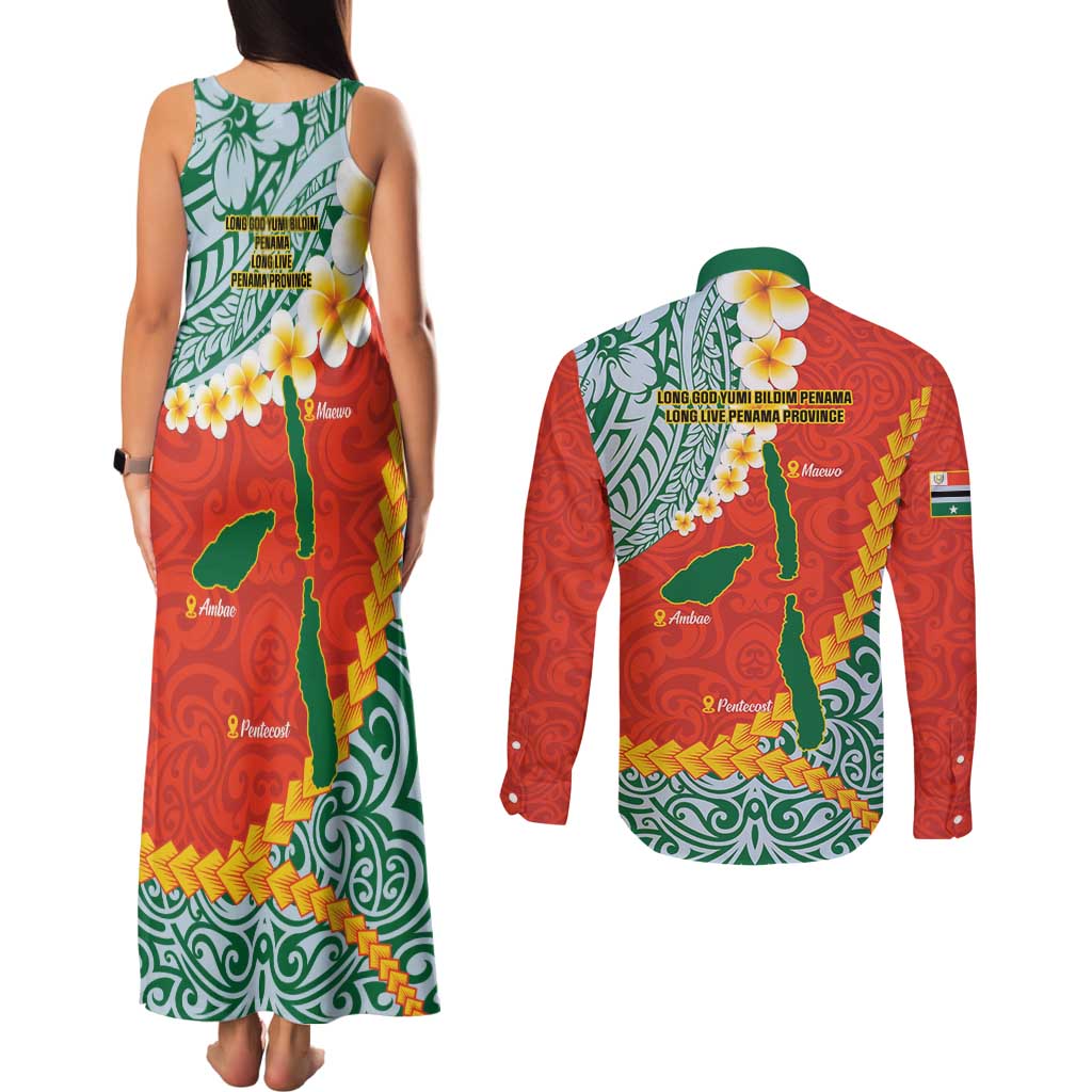 Penama Province Couples Matching Tank Maxi Dress and Long Sleeve Button Shirt Vanuatu Map - Plumeria Flag Color