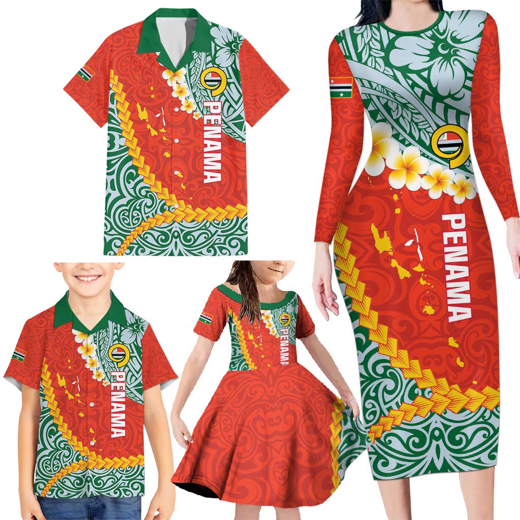 Penama Province Family Matching Long Sleeve Bodycon Dress and Hawaiian Shirt Vanuatu Map - Plumeria Flag Color