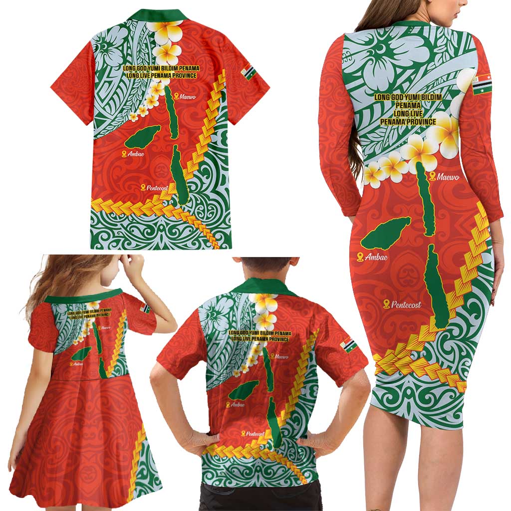 Penama Province Family Matching Long Sleeve Bodycon Dress and Hawaiian Shirt Vanuatu Map - Plumeria Flag Color
