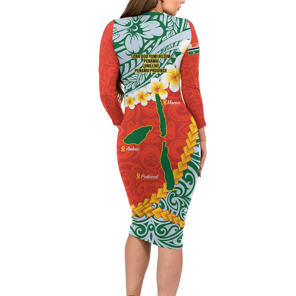 Penama Province Family Matching Long Sleeve Bodycon Dress and Hawaiian Shirt Vanuatu Map - Plumeria Flag Color