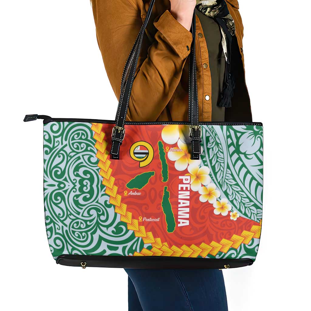 Penama Province Leather Tote Bag Vanuatu Map - Plumeria Flag Color