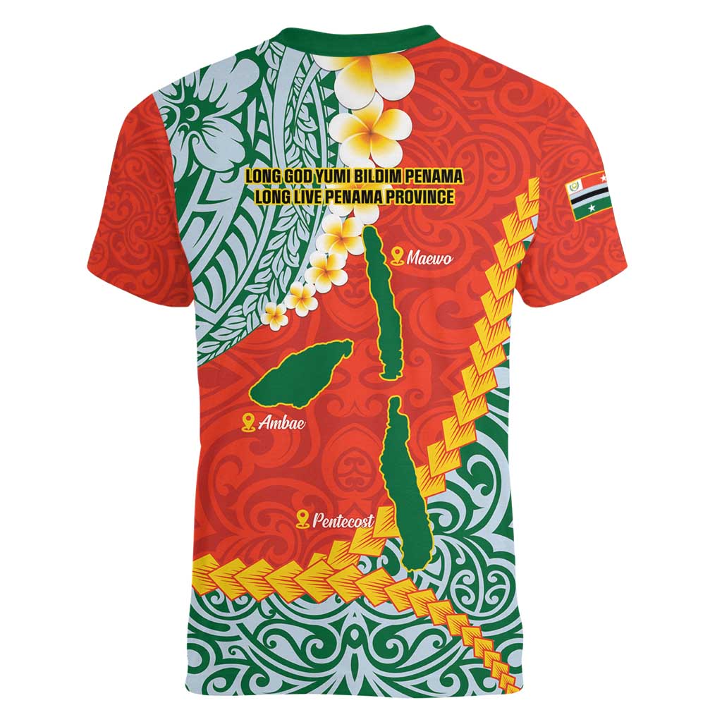 Penama Province Women V-Neck T-Shirt Vanuatu Map - Plumeria Flag Color