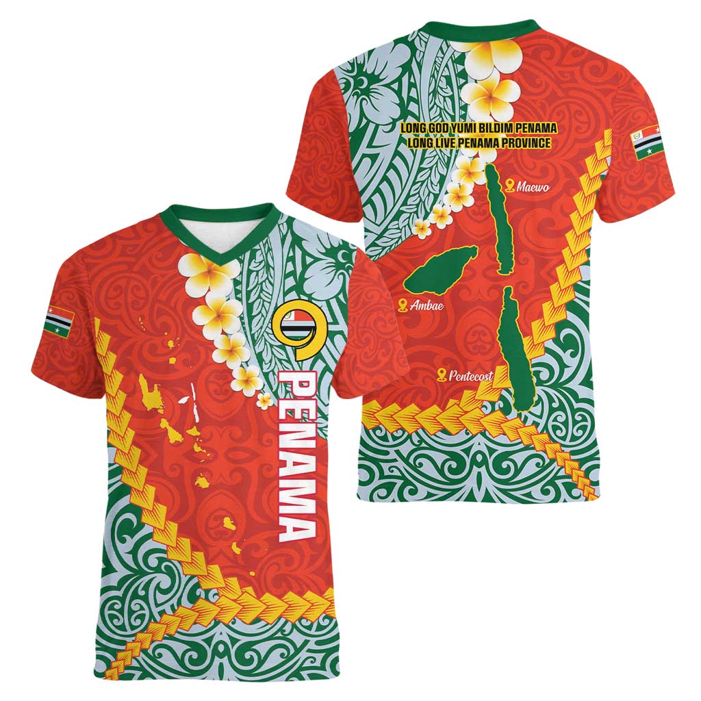 Penama Province Women V-Neck T-Shirt Vanuatu Map - Plumeria Flag Color