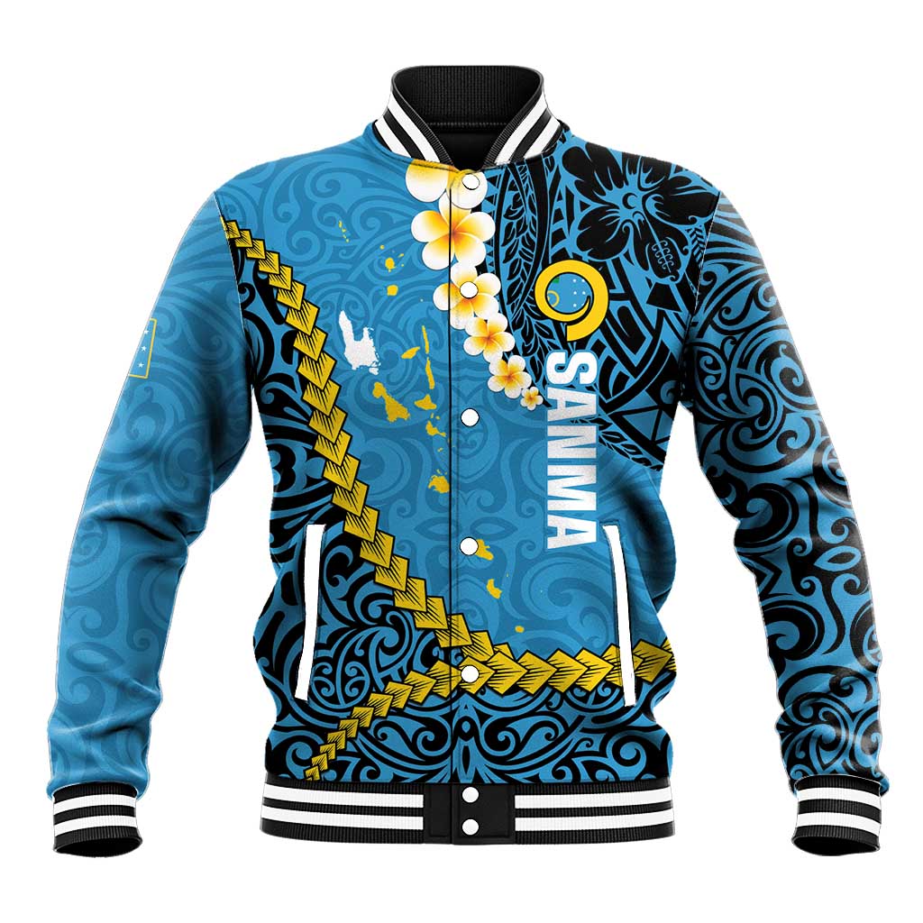 Sanma Province Baseball Jacket Vanuatu Pattern Myna Bird - Plumeria Flag Color