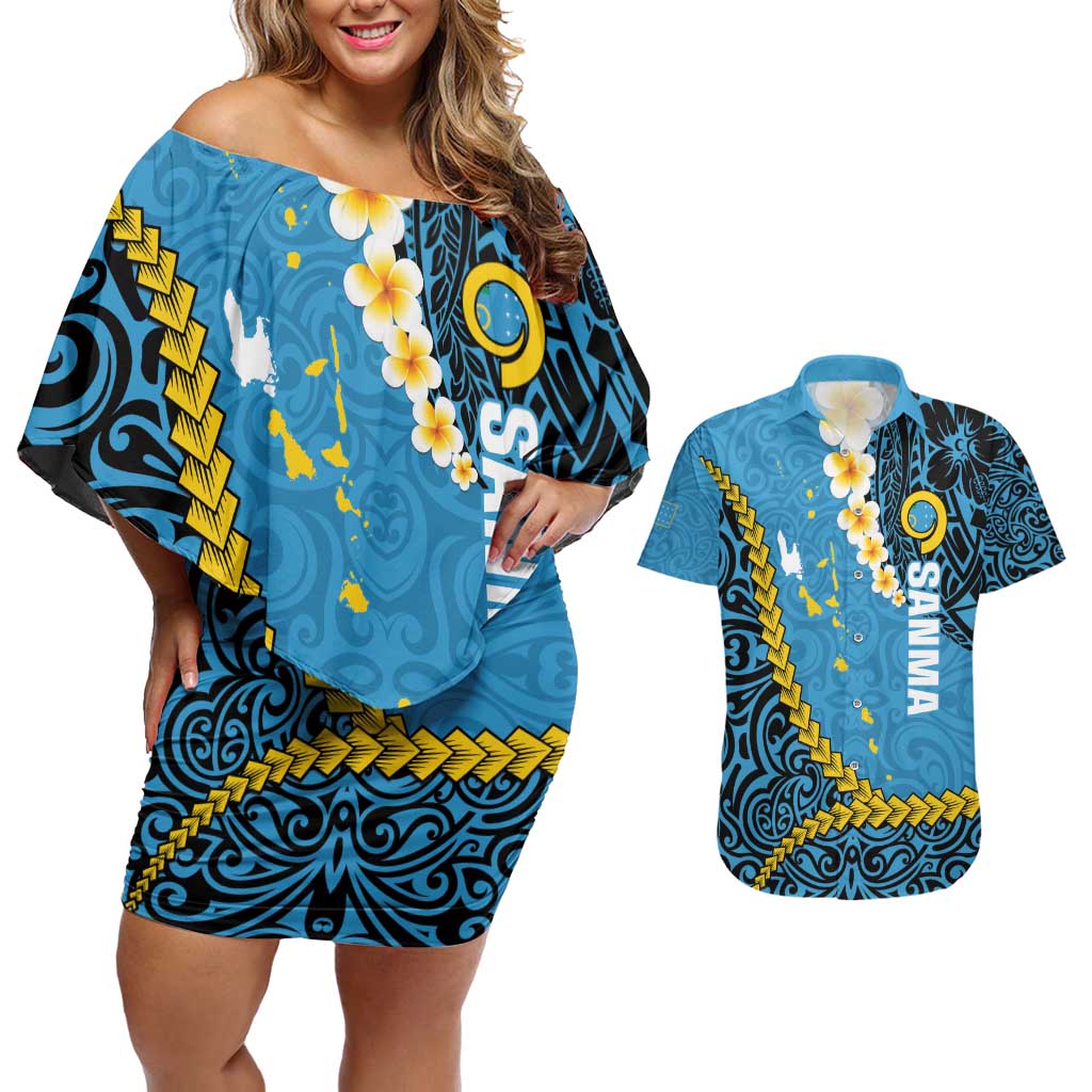 Sanma Province Couples Matching Off Shoulder Short Dress and Hawaiian Shirt Vanuatu Pattern Myna Bird - Plumeria Flag Color