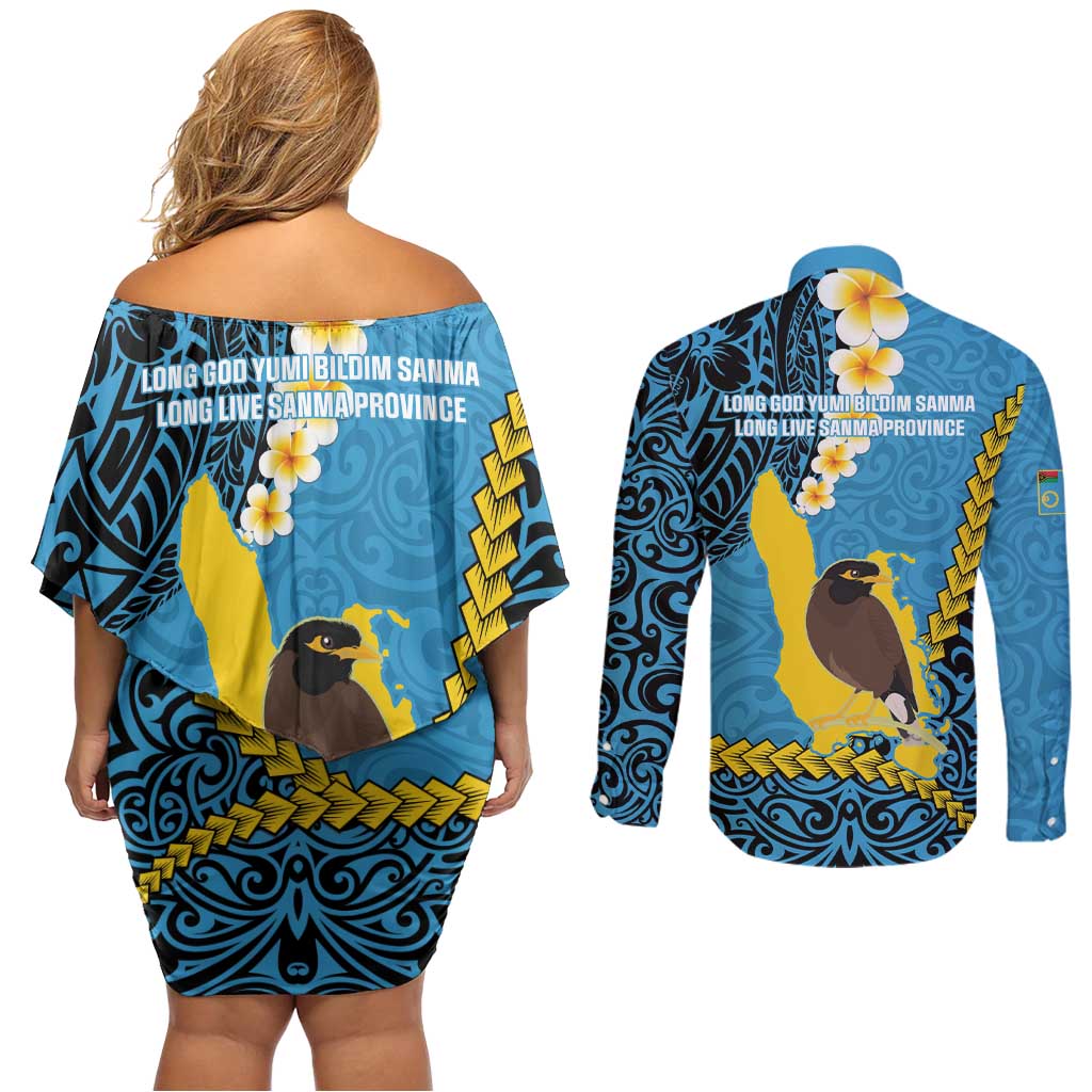 Sanma Province Couples Matching Off Shoulder Short Dress and Long Sleeve Button Shirt Vanuatu Pattern Myna Bird - Plumeria Flag Color