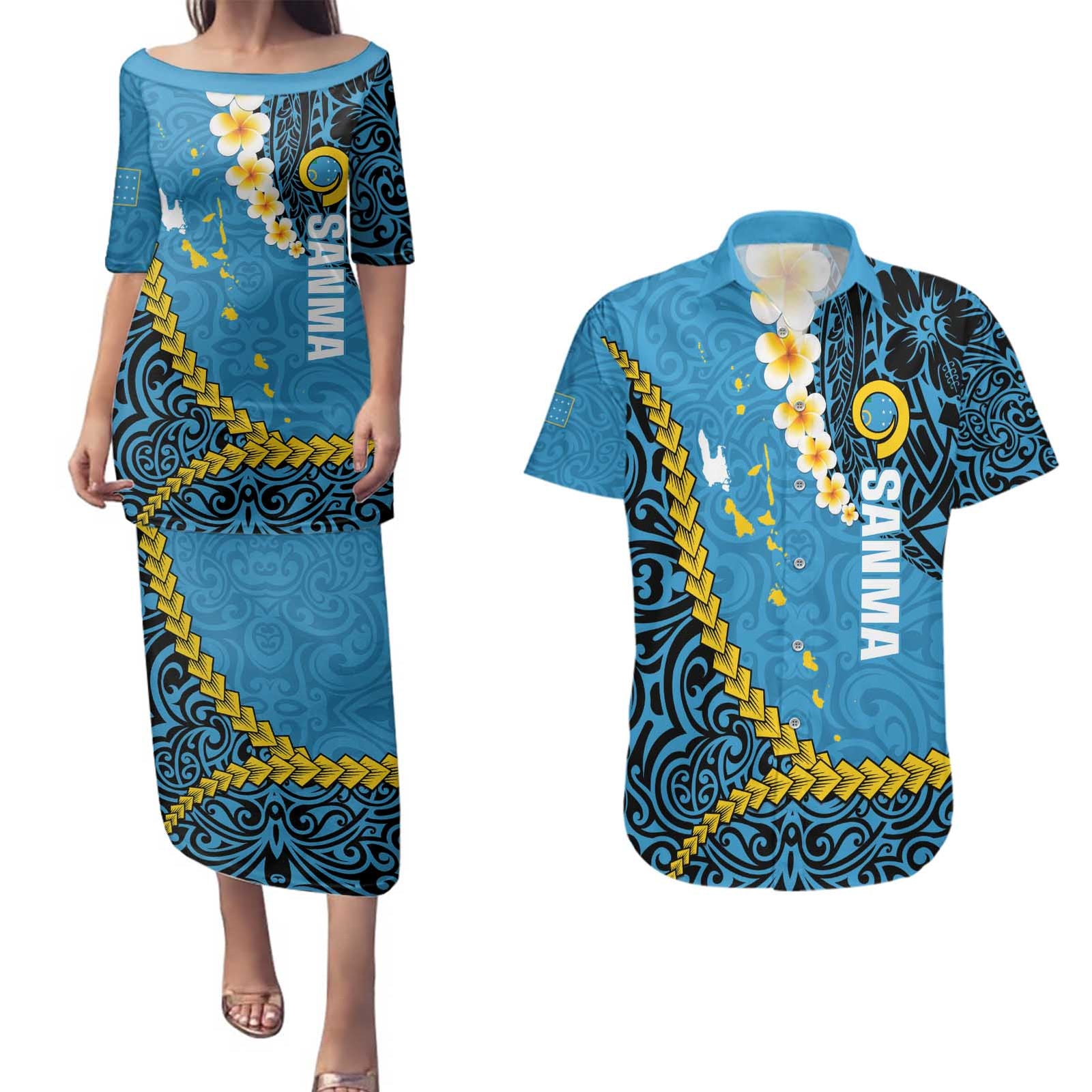 Sanma Province Couples Matching Puletasi and Hawaiian Shirt Vanuatu Pattern Myna Bird - Plumeria Flag Color