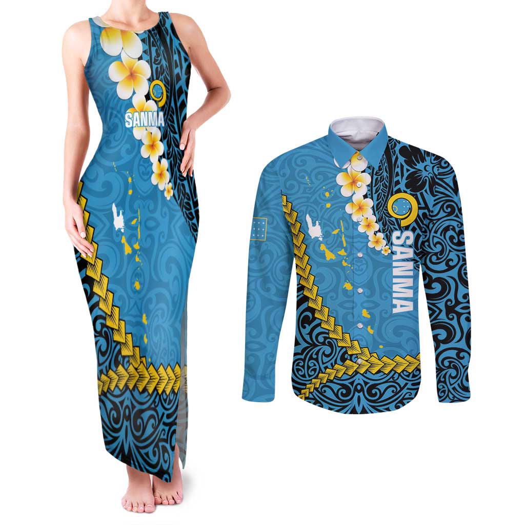 Sanma Province Couples Matching Tank Maxi Dress and Long Sleeve Button Shirt Vanuatu Pattern Myna Bird - Plumeria Flag Color