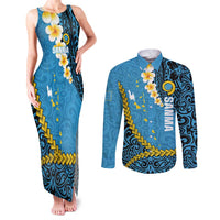 Sanma Province Couples Matching Tank Maxi Dress and Long Sleeve Button Shirt Vanuatu Pattern Myna Bird - Plumeria Flag Color