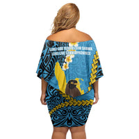 Sanma Province Family Matching Off Shoulder Short Dress and Hawaiian Shirt Vanuatu Pattern Myna Bird - Plumeria Flag Color