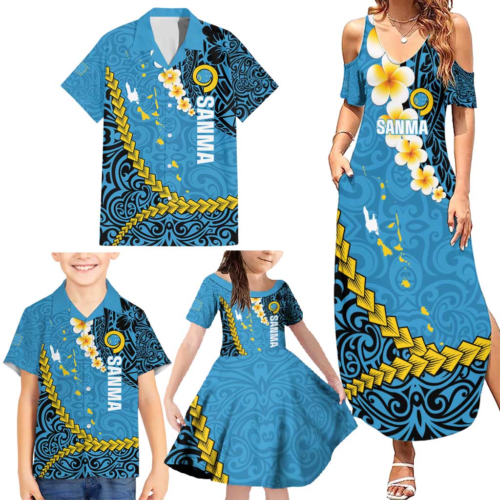 Sanma Province Family Matching Summer Maxi Dress and Hawaiian Shirt Vanuatu Pattern Myna Bird - Plumeria Flag Color