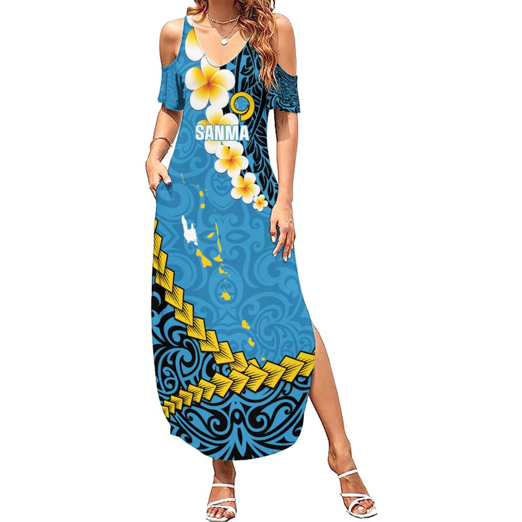 Sanma Province Family Matching Summer Maxi Dress and Hawaiian Shirt Vanuatu Pattern Myna Bird - Plumeria Flag Color