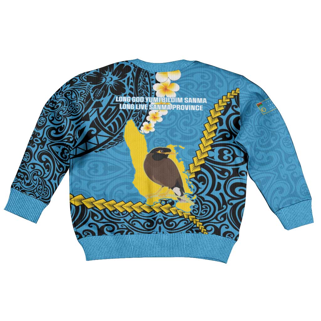 Sanma Province Kid Ugly Christmas Sweater Vanuatu Pattern Myna Bird - Plumeria Flag Color