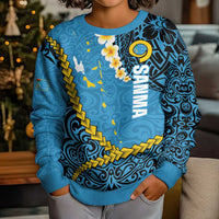 Sanma Province Kid Ugly Christmas Sweater Vanuatu Pattern Myna Bird - Plumeria Flag Color