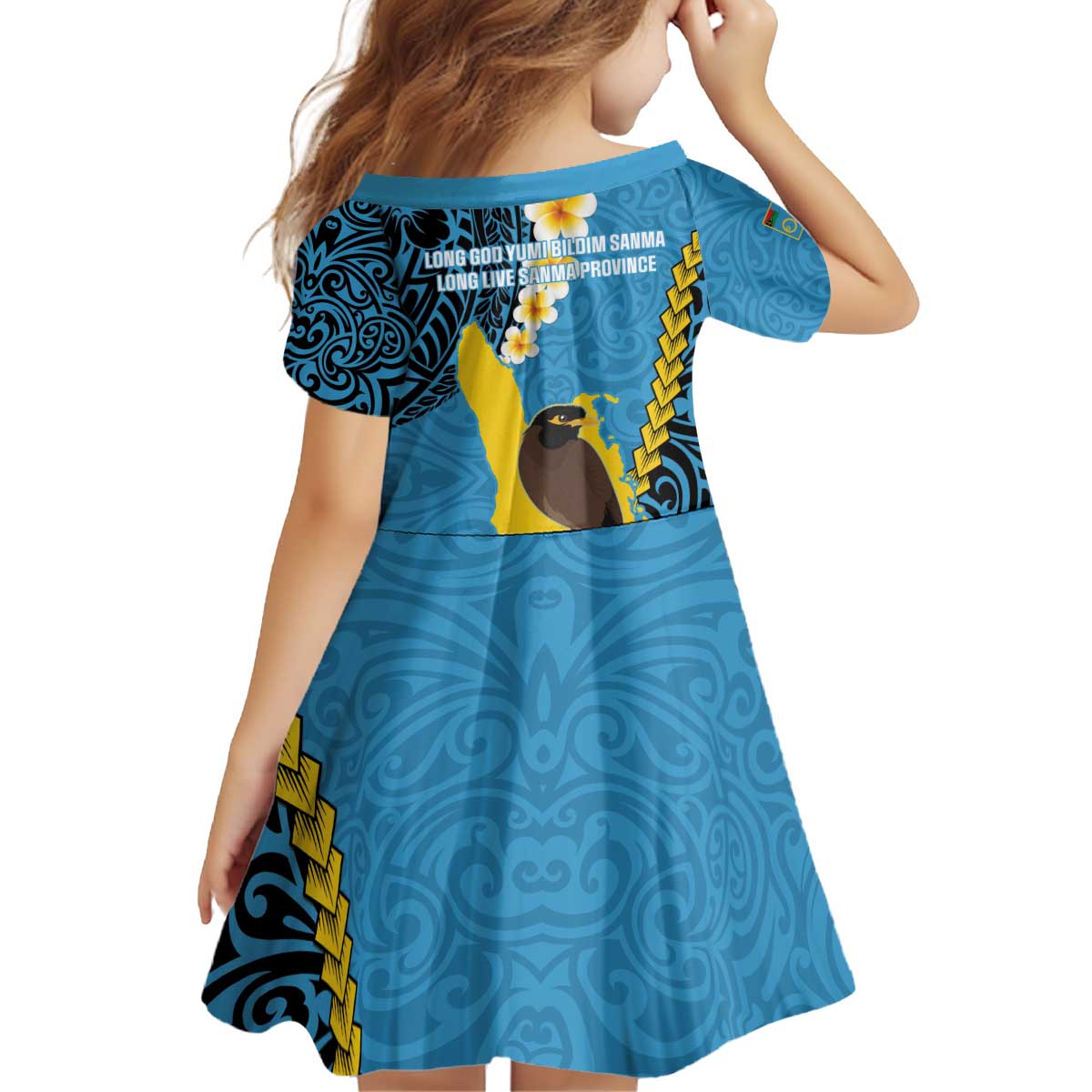 Sanma Province Kid Short Sleeve Dress Vanuatu Pattern Myna Bird - Plumeria Flag Color