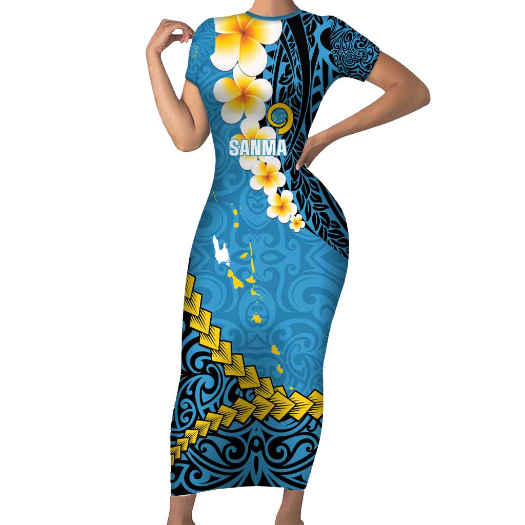 Sanma Province Short Sleeve Bodycon Dress Vanuatu Pattern Myna Bird - Plumeria Flag Color LT14 Long Dress Blue - Polynesian Pride