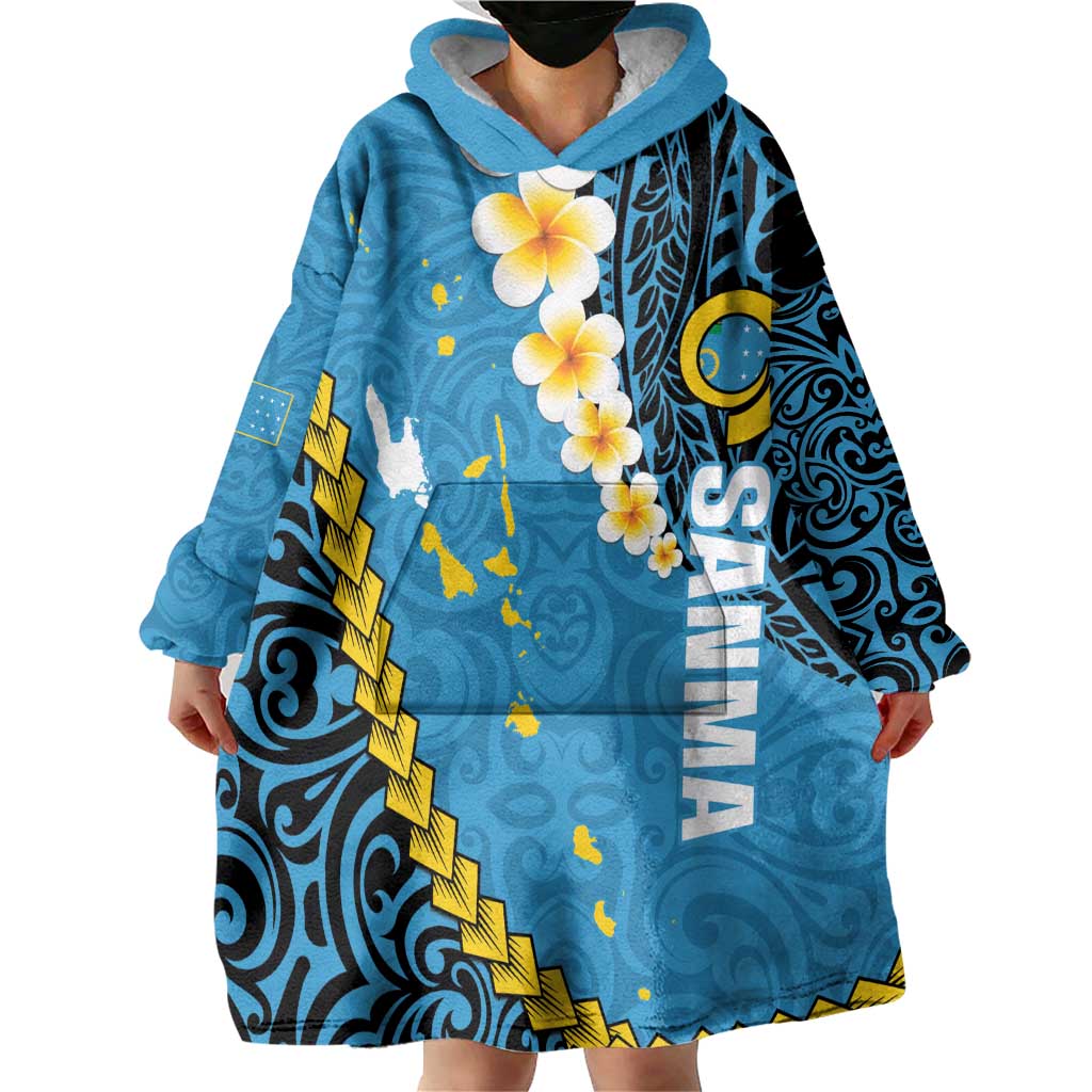 Sanma Province Wearable Blanket Hoodie Vanuatu Pattern Myna Bird - Plumeria Flag Color