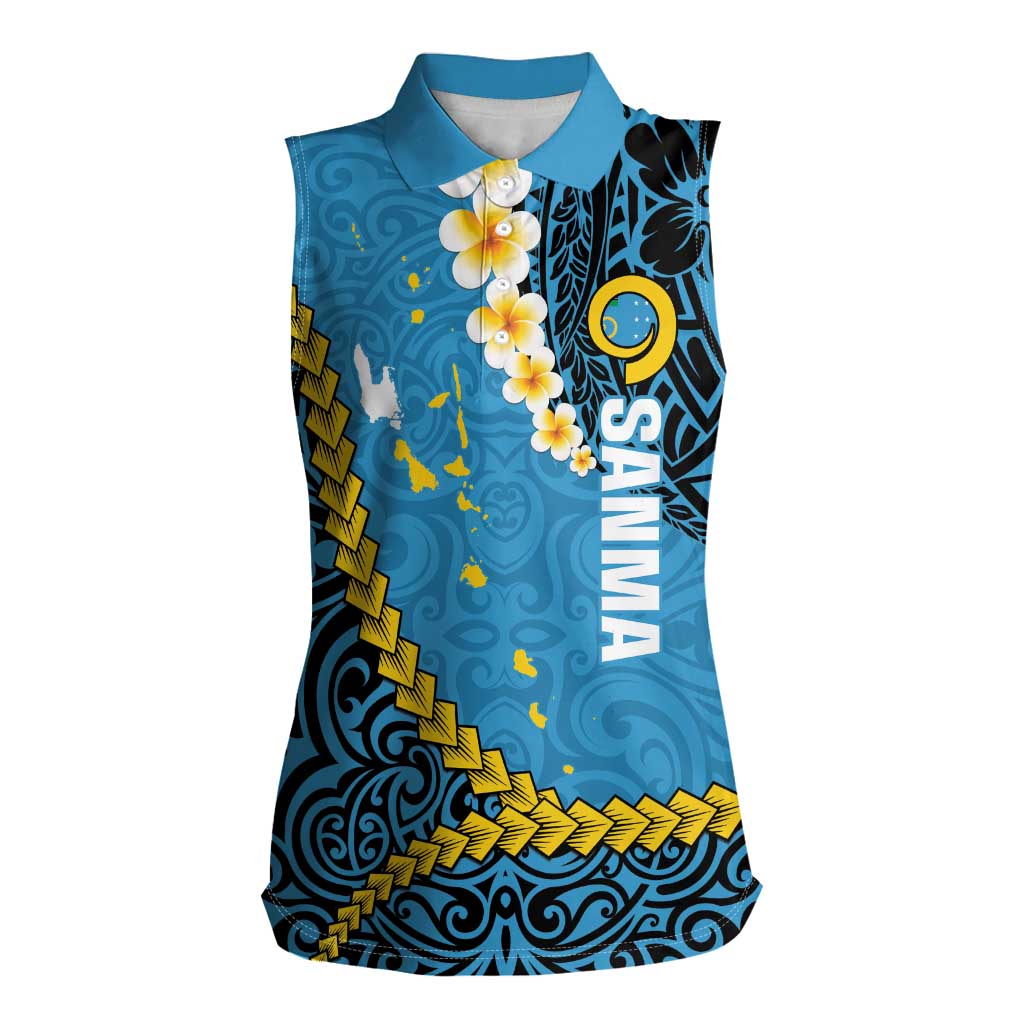 Sanma Province Women Sleeveless Polo Shirt Vanuatu Pattern Myna Bird - Plumeria Flag Color