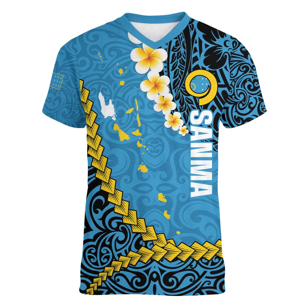 Sanma Province Women V-Neck T-Shirt Vanuatu Pattern Myna Bird - Plumeria Flag Color