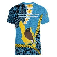 Sanma Province Women V-Neck T-Shirt Vanuatu Pattern Myna Bird - Plumeria Flag Color