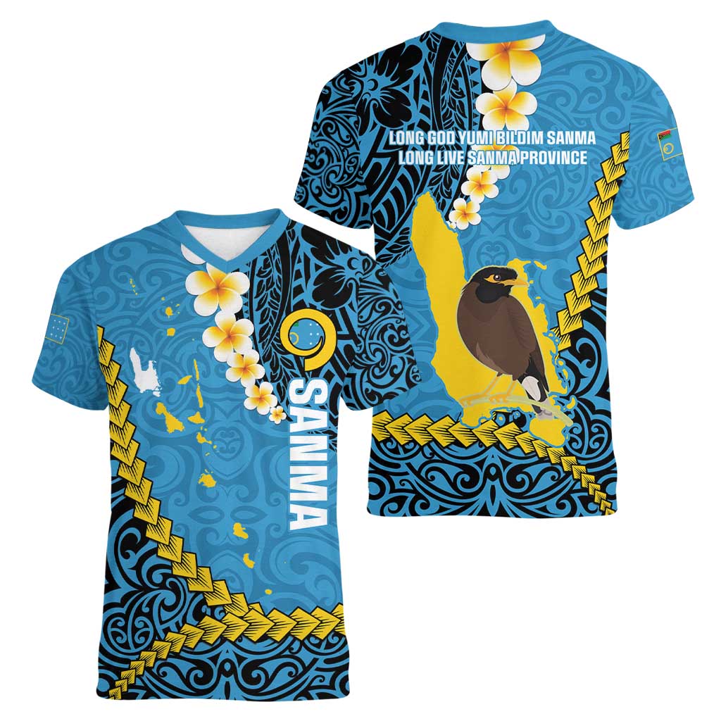 Sanma Province Women V-Neck T-Shirt Vanuatu Pattern Myna Bird - Plumeria Flag Color