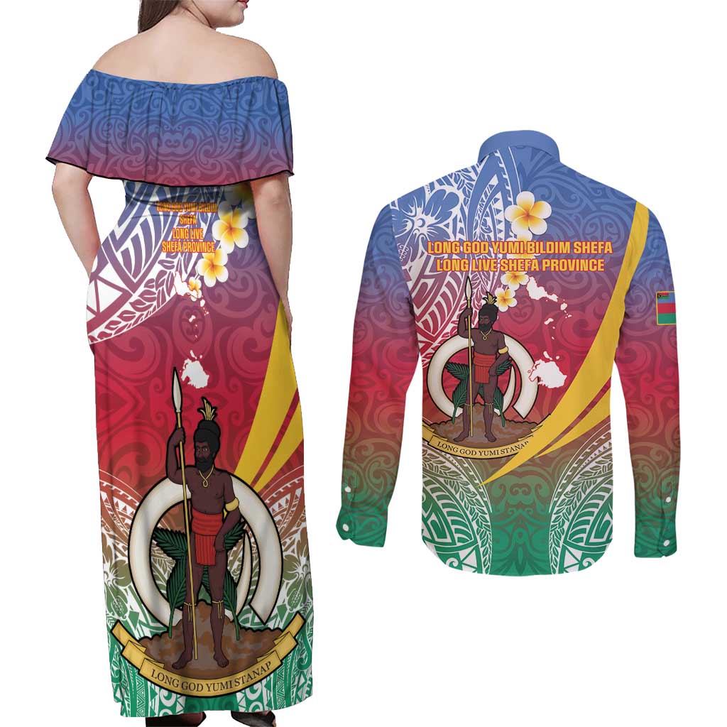 Shefa Province Couples Matching Off Shoulder Maxi Dress and Long Sleeve Button Shirt Vanuatu Pattern Map - Plumeria Flag Color