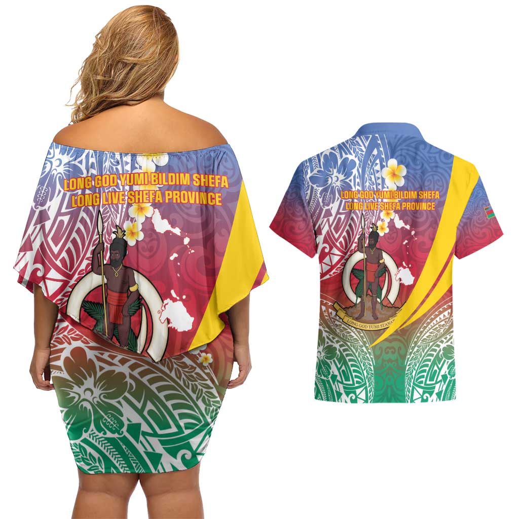 Shefa Province Couples Matching Off Shoulder Short Dress and Hawaiian Shirt Vanuatu Pattern Map - Plumeria Flag Color