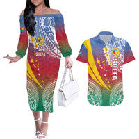 Shefa Province Couples Matching Off The Shoulder Long Sleeve Dress and Hawaiian Shirt Vanuatu Pattern Map - Plumeria Flag Color