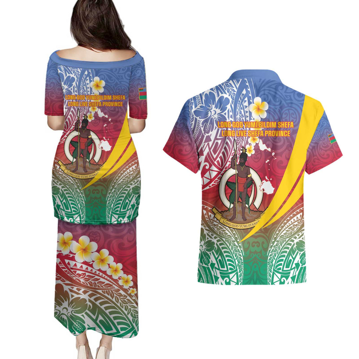 Shefa Province Couples Matching Puletasi and Hawaiian Shirt Vanuatu Pattern Map - Plumeria Flag Color