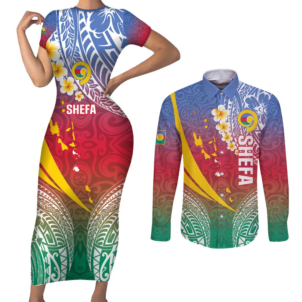 Shefa Province Couples Matching Short Sleeve Bodycon Dress and Long Sleeve Button Shirt Vanuatu Pattern Map - Plumeria Flag Color