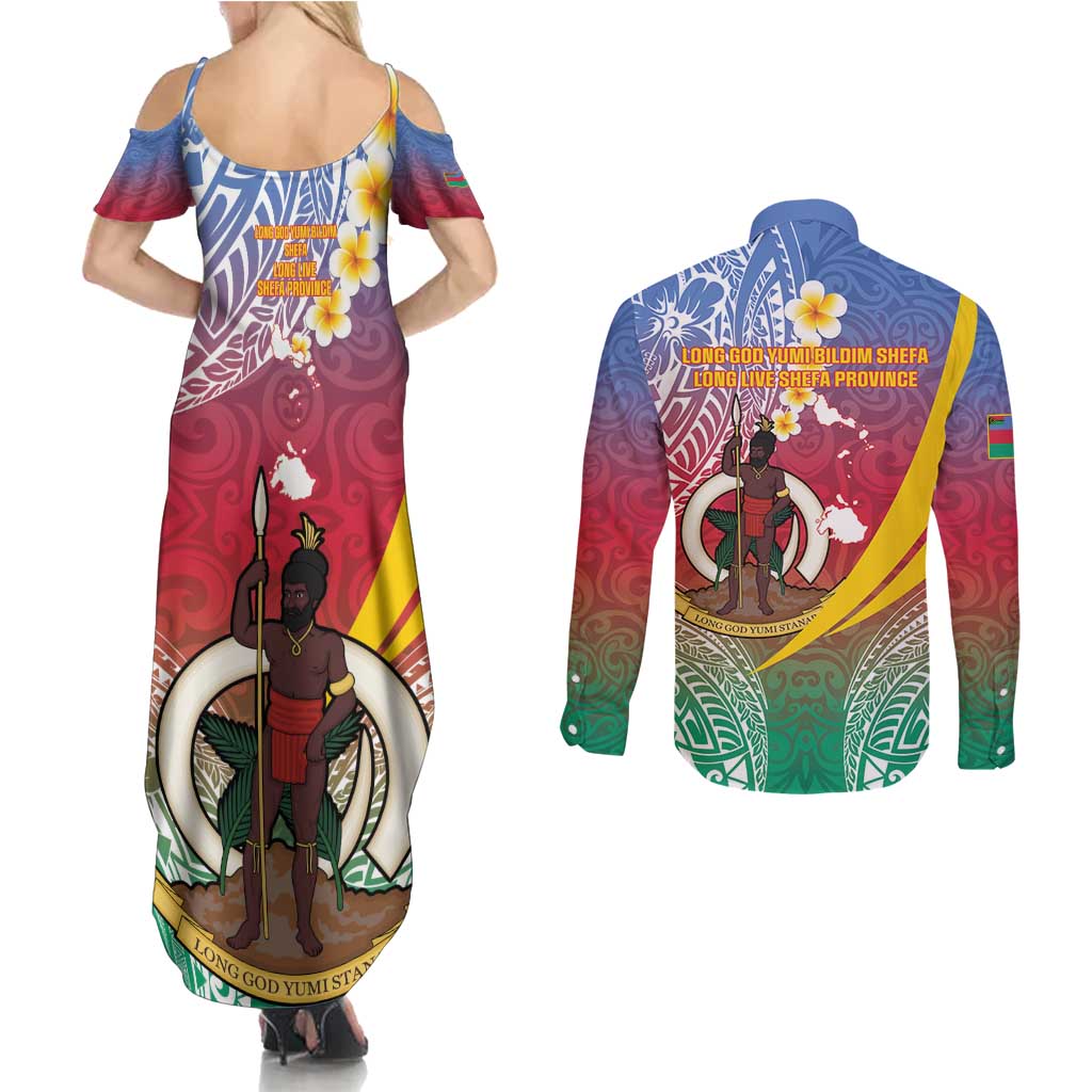 Shefa Province Couples Matching Summer Maxi Dress and Long Sleeve Button Shirt Vanuatu Pattern Map - Plumeria Flag Color